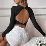 Billlnai Ribbed Women's T-Shirts Full Sleeve Solid Color Sexy Backless Slim Knitting Y2K Stylish Crop Top Basic Female Blouse C5171