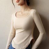 Billlnai Autumn Women's T-Shirts Solid Color Full Sleeve Elegant Korea Japan Stylish Sexy Slit Slim Bottom Basic Tops Blouse Outfit C5184