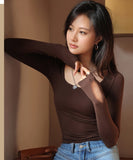 Billlnai Korea Stylish Autumn Women Base Tops Solid Color Casual Slim T-Shirts Full Sleeve Elegant Chic U-Neck Layering Female Tops C5390