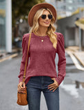 Billlnai Autumn Women's T-Shirts Casual Stylish Ribbed Solid Color Round Neck Full Puff Sleeve Winter Female Blouse Outfits C5237