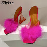 Woman Feather Transparent Strange High Heels Fur Slippers Sandals Women Peep Toe Mules Lady Pumps Slides Size 35-41