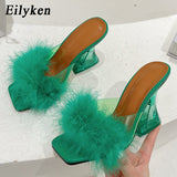 Woman Feather Transparent Strange High Heels Fur Slippers Sandals Women Peep Toe Mules Lady Pumps Slides Size 35-41