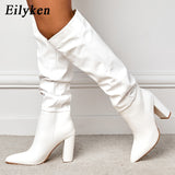 Fashion White Women Knee High Boots Sexy Pointed Toe Square Heels Ladies Long Boot Slip On Female Shoes Size 35-42