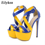 Blue High Heels Women Fashion Open Toe Ankle Buckle Strap Platform Sandals Ladies Nightclub Party Dress Shoes Size 42
