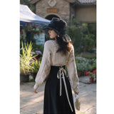 2 Piece Set Women French Elegant Suit Female Vintage Square Collar Knitted Sweater+ Bow Lace-Up Skirt Korean 2020 Winter Outfits