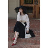 2 Piece Set Women French Elegant Suit Female Vintage Square Collar Knitted Sweater+ Bow Lace-Up Skirt Korean 2020 Winter Outfits