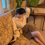 Christmas Gift Billlnai Women Elegant Blouse with Lush Sleeves Floral Top Vintage 2023 Office Ladies Korean Oversize Shirt Luxury Designer Chic