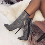 Women  Ankle Boots Plus Size 35-42 Rhinestones High Heels Shoes Woman Zip Pointed Toe Sexy Motorcycle Boots For Females