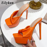 Club Ultra Thin High Heels 16CM Ladies Slippers Shoes Fashion Square Toe Slip-On Platform Sandals Mules Slippers
