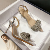 Billlnai New Fashion Transparent High Heels Women's Stiletto Pointed Rhinestone Bow Bridesmaid Shoes Sandals Women