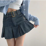 BIlllnai Denim Pleated Mini Skirt Vintage Sexy High Waist A-line Belt Women Embroidery Jean Short Skirt Summer Japanese Y2k