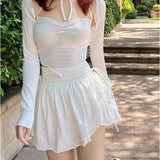 Billlnai  Sexy Cute White Mini Skirt Women Drawstring Folds High Waist Irregular Ruffle Patchwork Fairycore Short Skirts Mori Girl