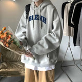Billlnai - Vintage Fleece Hooded Sweatshirt Men Autumn/Winter New Korean Brand Grey Sweatshirts Men's Oversized Unisex Pullover Hoodie