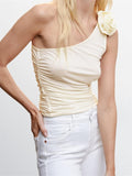 Billlnai 3D Flowers Tank for Women Irregular Neck Off Shoulder Ruched Mini Vest Crop Tops Y2K Summer Camis Streetwear 2023 New