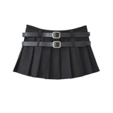 Billlnai  Y2K Mini Skirt Women Korean Fashion Pleated Skirt Summer Casual Vintage Preppy Style Solid Two Belts Short Skirts 2023