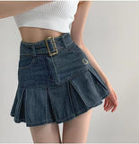 Billlnai  New Summer Denim Short Skirt Women Retro Sexy High Waist A-line Belt Pleated Skirts Korean Ladies Fashion Hot Girl Style Skirt