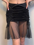 Billlnai Y2K Mesh See Through Patchwork Short Mini Skirts Summer Streetwear Women High Waist Ruched Black Skirts Clothes