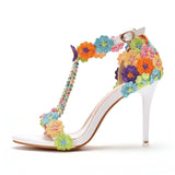 Billlnai Sandals Women White Lace Flowers Bridal Pearl Heel 9Cm Fine High Heels Thin Bridal Pumps Wedding Shoes