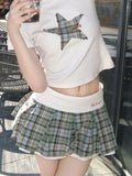 BIlllnai Plaid Pleated Skirt Women Harajuku Elastic Waist A-line Patchwork Kawaii Mini Micro Skirt Shorts Summer Y2k Streetwear