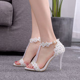Billlnai Sandals Women White Lace Flowers Bridal Pearl Heel 9Cm Fine High Heels Thin Bridal Pumps Wedding Shoes