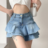 BIlllnai Vintage Denim Skirt Shorts Women Summer Korean Fashion High Waist A-line Slim Cute Sexy Mini Jean Ruffle Skirt Female