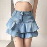 BIlllnai Vintage Denim Skirt Shorts Women Summer Korean Fashion High Waist A-line Slim Cute Sexy Mini Jean Ruffle Skirt Female