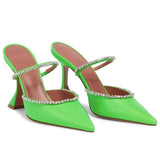 Korean Version Of The Half-Slip Women's Shoes With Fashionable Sparkling Rhinestone Satin Wine Glass Heels Baotou Slippers
