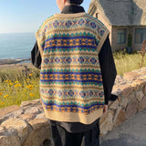 Billlnai New Arrivals Japanese Retro Knitted Sweater Vest Men Ethnic Style Patchwork Loose Handsome Waistcoat V-neck Sweater Oversize
