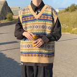 Billlnai New Arrivals Japanese Retro Knitted Sweater Vest Men Ethnic Style Patchwork Loose Handsome Waistcoat V-neck Sweater Oversize