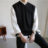 Billlnai 2023 New Mens Sweater Vest Spring Sleeveless Loose Solid Color Simple V Neck Sweater Men Korean Fashion Harajuku Pullover Vest