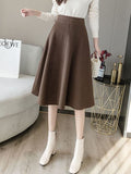 Billnai 2023 Winter High Waist Warm A-line Long Skirt Female England Style Fashion Solid Color All-match Mid-calf Women Skirts TM003
