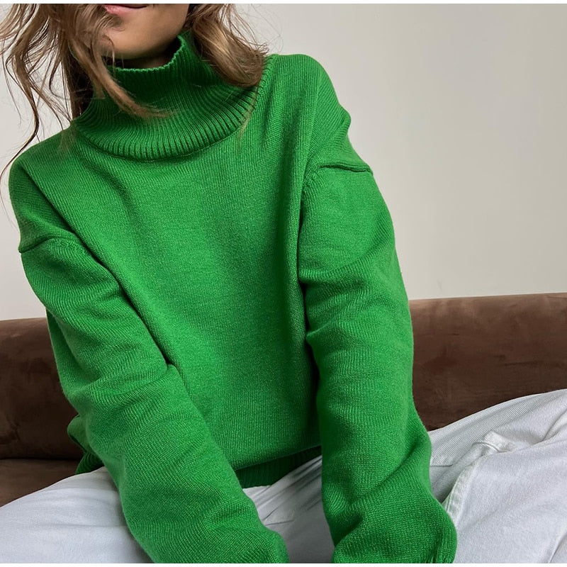 Billlnai Christmas Gift Oversize Sweater Women Turtleneck Autumn Long Sleeve Cutton Jumpers Casual Loose Green Knitted Winter Tops Plus Size