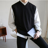 Billlnai 2023 New Mens Sweater Vest Spring Sleeveless Loose Solid Color Simple V Neck Sweater Men Korean Fashion Harajuku Pullover Vest