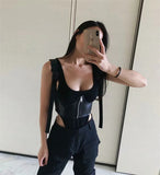 Billlnai Black Basic Punk Crop Tops women PU Leather Tank Tops Summer Wild Casual Camisole Mujer Stretch Slim Vest Summer New