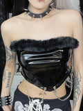 Halloween Big Sale Billlnai Gothic Off Shoulder Black PU Tank Tops Women Streetwear Hairy Punk Chain Summer Crop Top Sexy Backless Asymmetric Tops