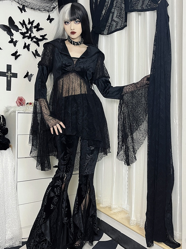 Halloween Big Sale Billlnai Gothic Black Velvet Hooded Coats Women Streetwear Flare Sleeve Lace Patchwork Coats Punk Clothes V-Neck Fashion Jacket