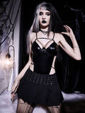 Helloween Big Sale Billlnai Gothic PU Black Backless Summer Bodysuits Women Streetwear Punk Clothes Hollow Out Bodysuits Sexy Bodycon Club Rompers