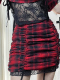 Helloween Big Sale Billlnai Gothic Plaid Sexy Summer Skirt Set Women Puff Sleeve Bandage Crop Top Spider Web Tank Tops Ruched Slim Skirts 3Pcs Sets