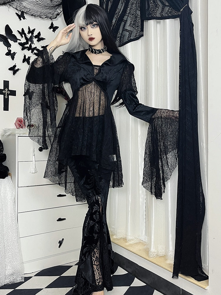 Halloween Big Sale Billlnai Gothic Black Velvet Hooded Coats Women Streetwear Flare Sleeve Lace Patchwork Coats Punk Clothes V-Neck Fashion Jacket