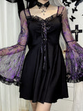 Halloween Big Sale Billlnai Gothic Clothes Sexy Black Dress Women Purple Spider Web See Through Flare Sleeve Mini Dress Streetwear Party Club Dress
