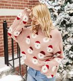 Pink loose Christmas sweater 2023 new Autumn winter Christmas ladies sweater Knitted warm long sleeves O-neck sweater