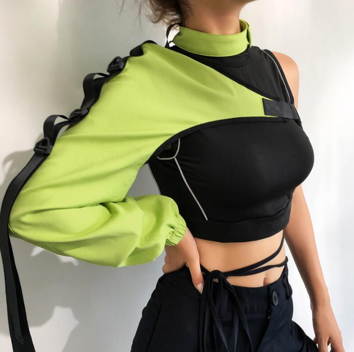Billlnai Neon Green Reflective T Shirt Women Tshirt Harajuku One Shoulder Off Gothic Top Hip Hop Streetwear Tee Shirt Femme Fall
