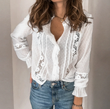 Summer floral cotton white blouse Vintage hollow out female office ladies tops Casual lace long sleeve blouse shirts
