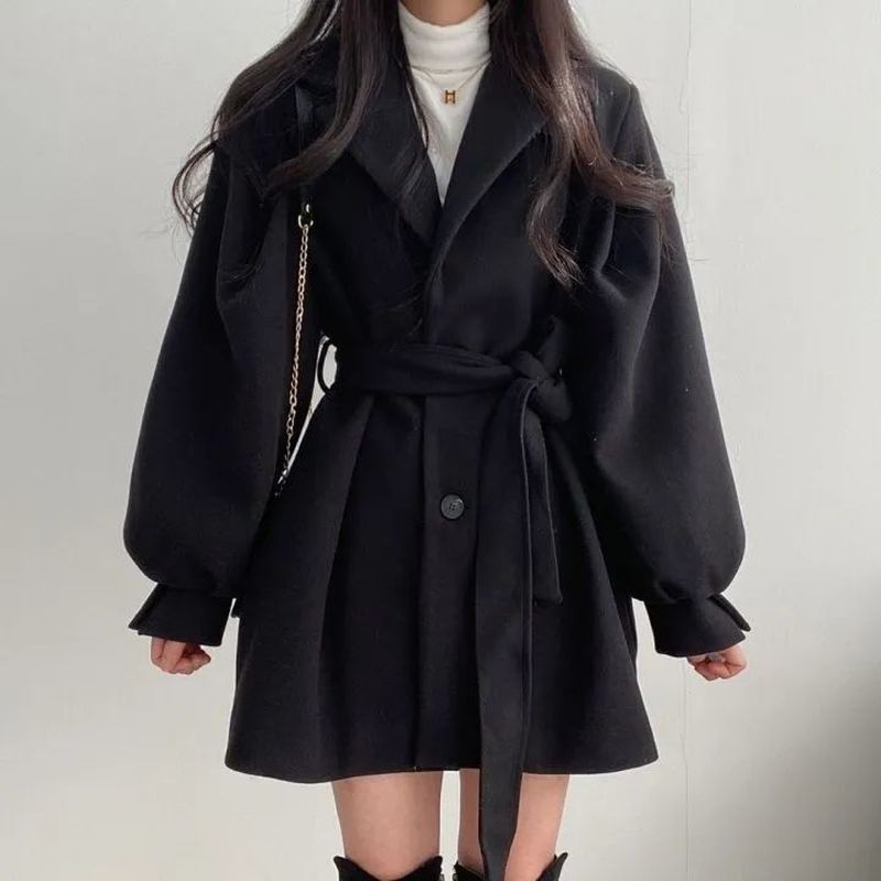 Billlnai 2023 Coat Korean Version Chic Autumn Winter Loose Style All-Match For Women Academy Suit Collar Aesthetic Mid-Length Woolen Coat