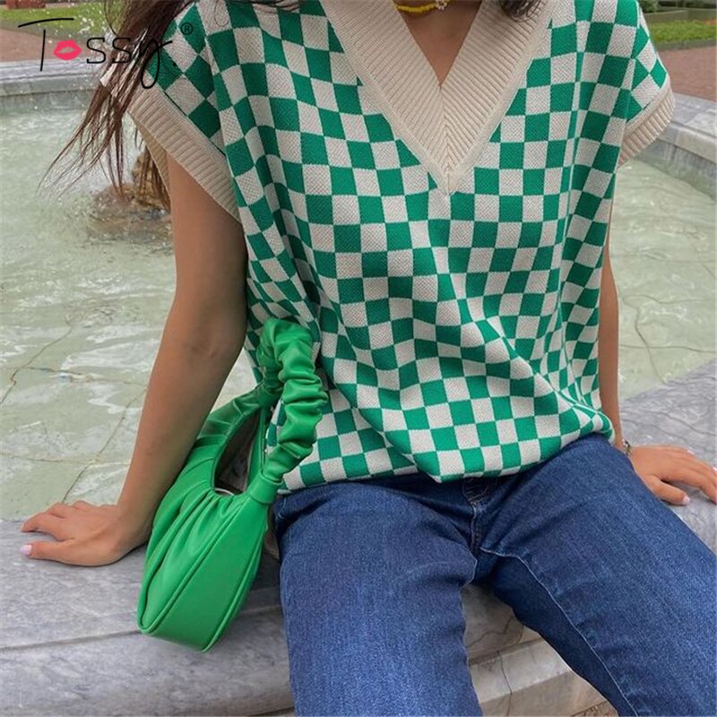 Tossy Casual Argyle Women's Vest Knitted Sleeveless Sweater Top For Women 2023 Autumn New V-Neck Pullover Vest Y2k Knitwear