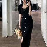 Billlnai  2023  One Piece Dress Korean Vintage Midi Dresses Women Short Sleeve Elegant Black Dress Office Ladies Button Design Summer