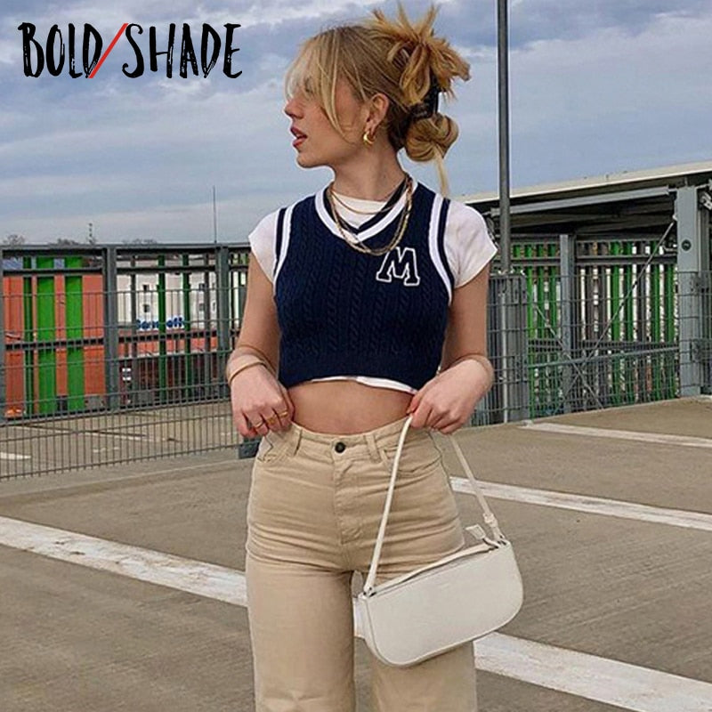 Bold Shade Grunge Fashion Streetwear 90s Tanks Knit Letter Print Sleeveless Slim Crop Tops Preppy Style Indie Clothes Aesthetic