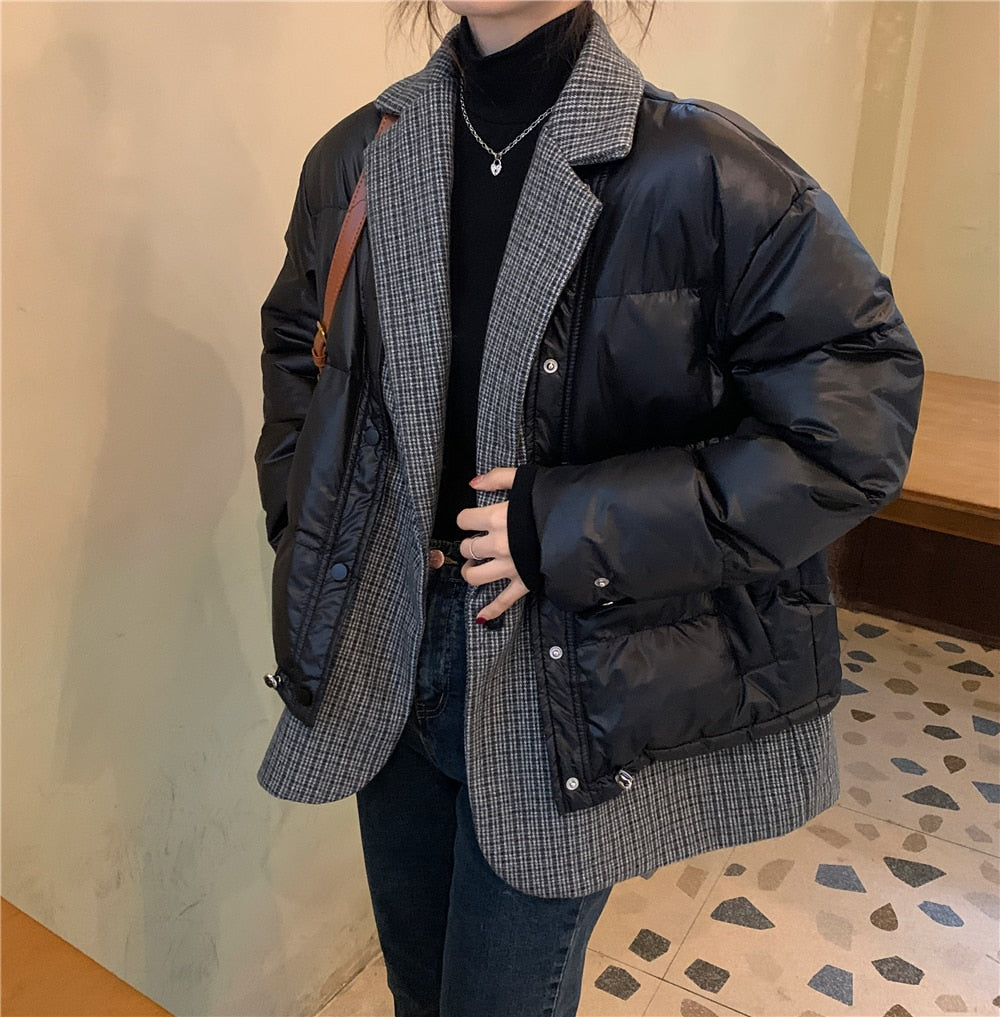 Fake two pieces winter thick cotton-padded jacket 2023 new female Korean version loose mid-length plaid black parkas