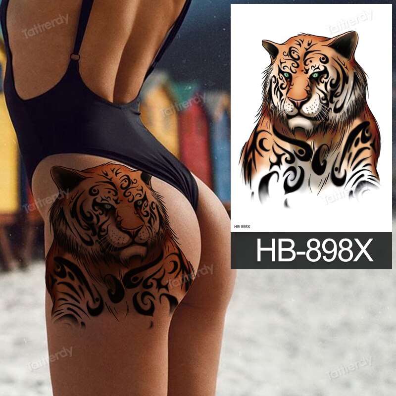 Billlnai Big Tattoo Anime Tiger Lion King Head Thigh Leg Temporary Tattoo For Women Girls Beauty Sexy Body Art Sticker Tattoos Waterproof