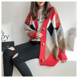 Billlnai  2023  Knitted Cardigan for Women  Korean Fashion Elegant Casual Plaid V-Neck Sweater Women's Knitted Jacket Sweaters Oversize